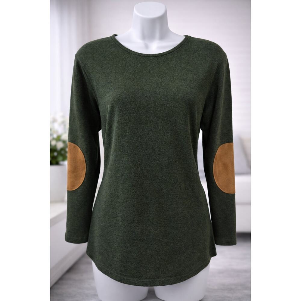 50th Street Petite Green Sweater Top Elbow Patch Size Lg Classic Casual Women